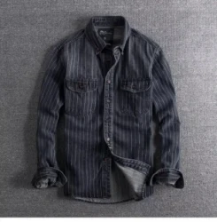 Denim Shirt Retro Heavy Distressed Thick Striped Long Sleeve Coat