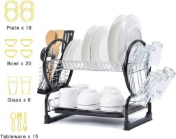 Two-Tier Stainless Steel Dish Drying Rack with Utensil Holder and Cup Hooks - The Ultimate Kitchen Space Saver