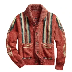 Men's Vintage Jacquard Lapel Long Sleeve Knit Cardigan