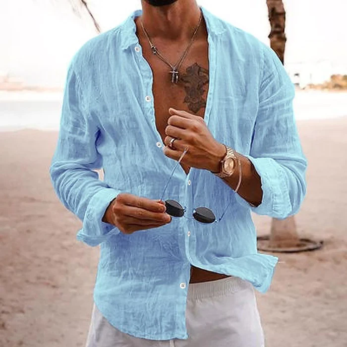 Men's casual solid color lapel cotton linen long-sleeved shirt