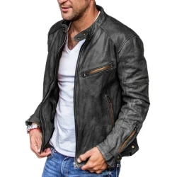 Men's Retro Zip-Up Leather Biker with Stand Collar