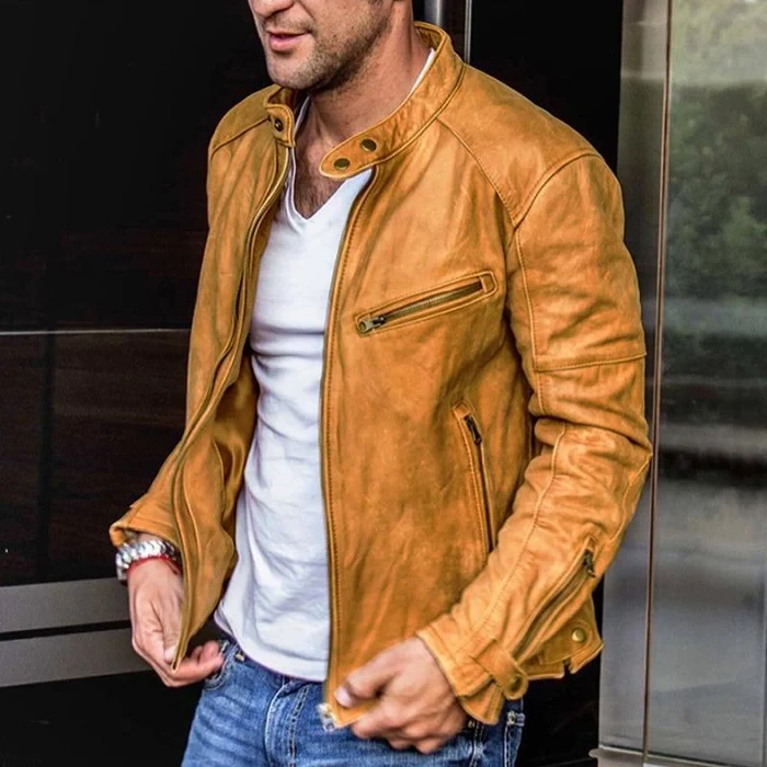 Men's Retro Zip-Up Leather Biker with Stand Collar