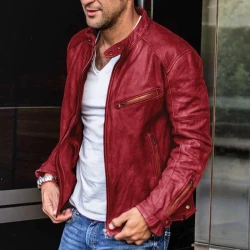 Men's Retro Zip-Up Leather Biker with Stand Collar