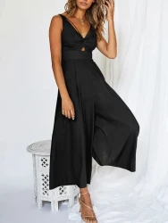 V Neck Cutout High-Waist Jumpsuits