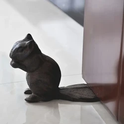 Decorative Cast Iron Door Stopper - Cute Squirrel Chipmunk Design, Heavy Duty Floor Wedge in Rustic Dark Brown