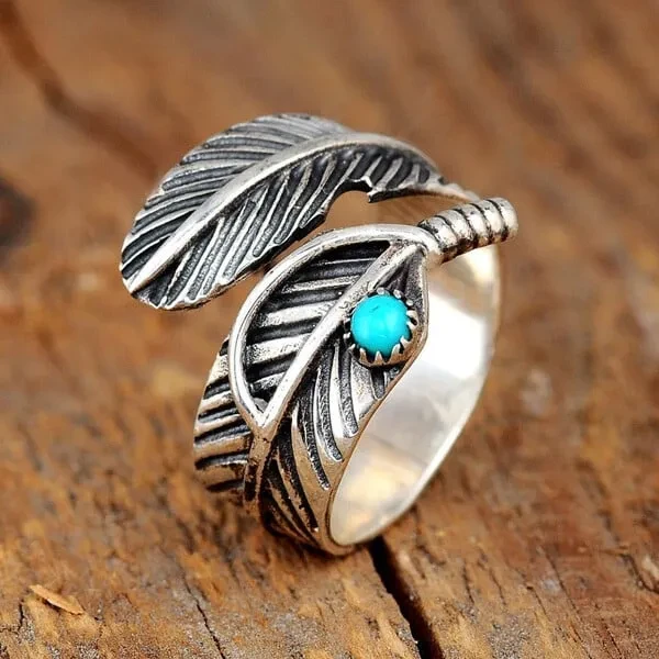 🎄Christmas Pre-Sale🎁Boho Feather Turquoise Adjustable Ring