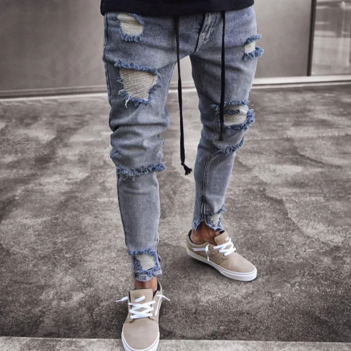 Men's Ripped Zipper Biker Jeans