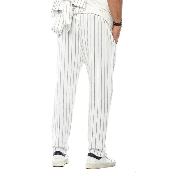 Men's Vertical Striped Cotton And Linen Straight Loose Trendy Casual Trousers