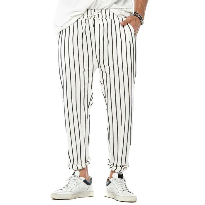 Men's Vertical Striped Cotton And Linen Straight Loose Trendy Casual Trousers