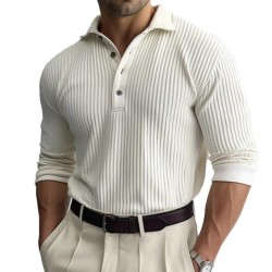 Men's Long Sleeve Polo Shirt - Stylish Solid Striped Lapel Design