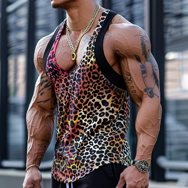 MEN'S SEXY U-NECK LEOPARD PRINT PATCHWORK TANK TOP