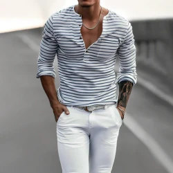 Men's Casual Striped Henley Collar Long Sleeve T-shirt