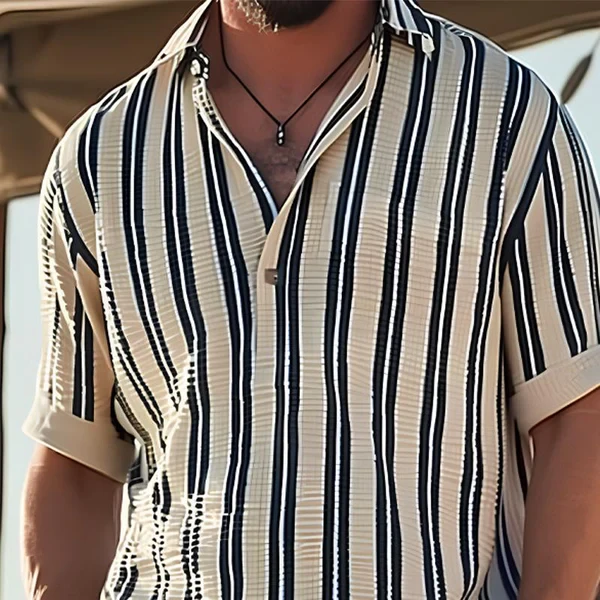 Men's Striped Lapel V-neck Short Sleeve Shirt