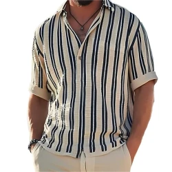 Men's Striped Lapel V-neck Short Sleeve Shirt