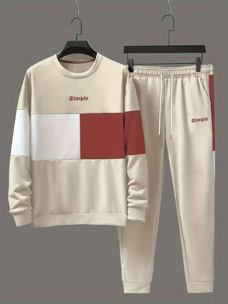 Men's Color Block 2Pcs Outfits, Casual Crew Neck Long Sleeve Sweatshirt And Sweatpants Joggers Set