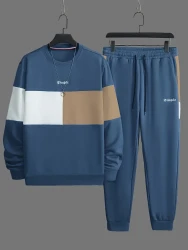 Men's Color Block 2Pcs Outfits, Casual Crew Neck Long Sleeve Sweatshirt And Sweatpants Joggers Set