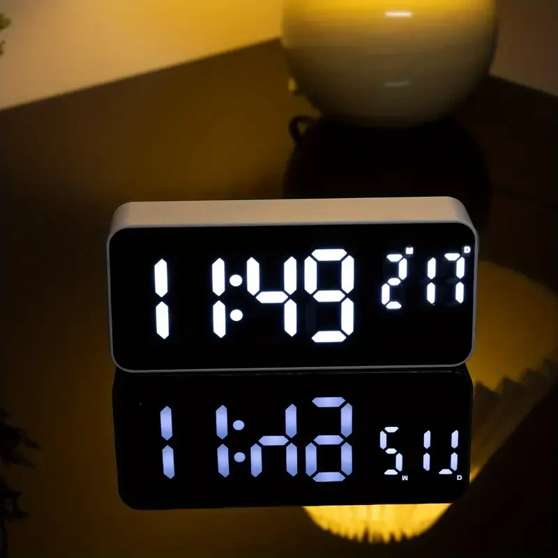 LED Mirror Digital Alarm Clock, Modern Desk Clock With Temperature Display, Adjustable Brightness