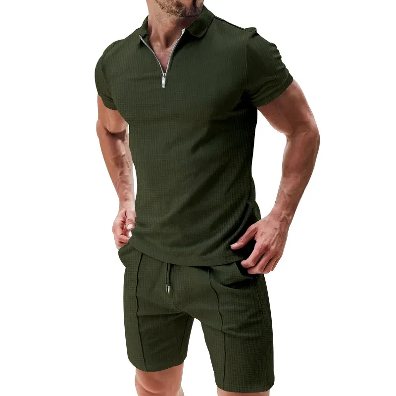 Men's 2-Piece Waffle Knit Zipper Suit with Drawstring Shorts