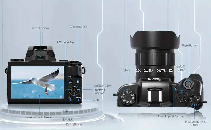 4K Vlogging Camera, 64MP Digital Camera For Photography With 10.16 Cm Touch Screen, Dual Cameras Front And Rear, 16x Digital Zoom & WiFi Function, 32GB SD Card And Camera Bag