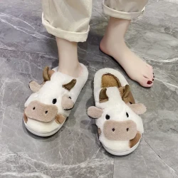 Womens Ultra-Soft Cow Print Fuzzy Slippers