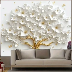 3D White Tree of Life with Gold Floral Backdrop