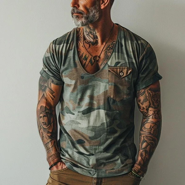 V-neck Chest Pocket Short Sleeve T-shirt