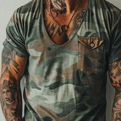 V-neck Chest Pocket Short Sleeve T-shirt