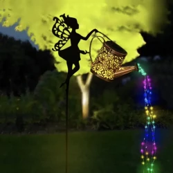 Solar-Powered Watering Can Lights with LED String - Metal Art Fairy Silhouette Stake for Garden, Patio & Lawn