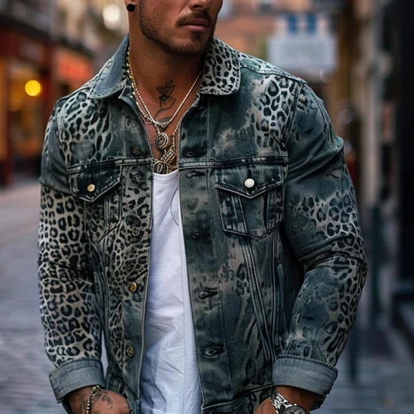 Men's Leopard Ombre Print Denim Trucker Jacket