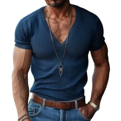 Men's Solid V Neck Short Sleeve Knit T-shirt