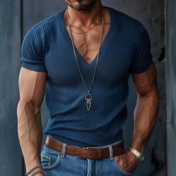 Men's Solid V Neck Short Sleeve Knit T-shirt