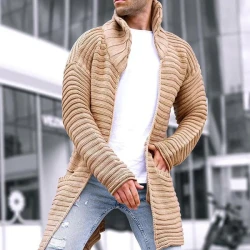 Solid Stand Collar Mid-Length Knit Cardigan