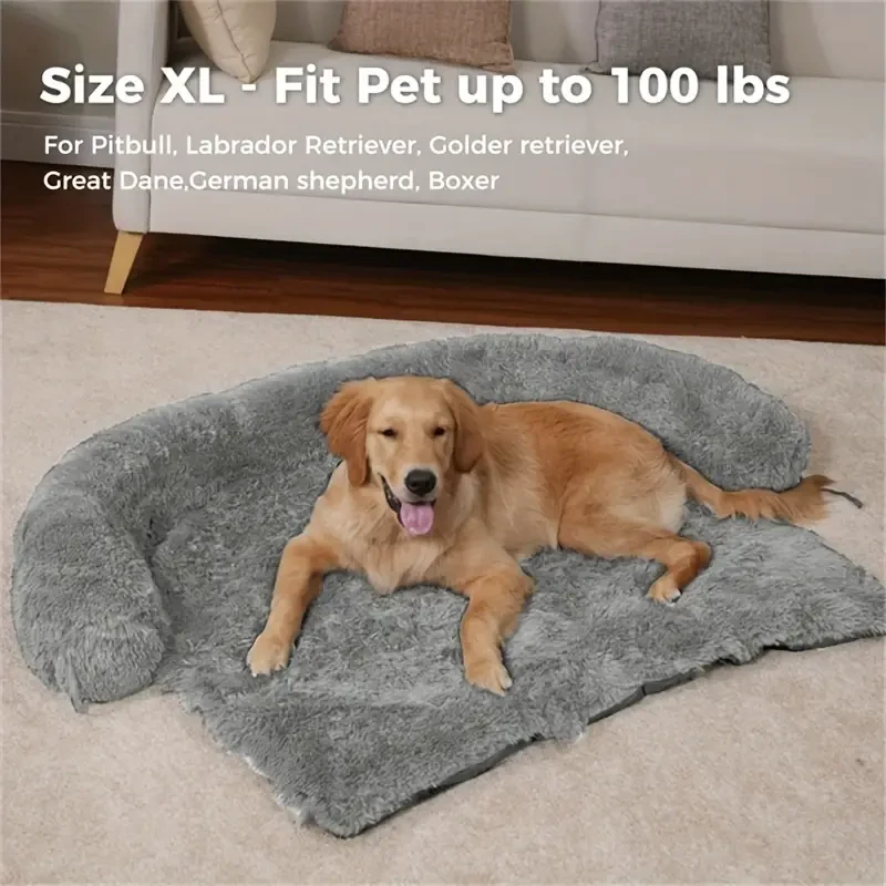 Fluffy Large Dog Bed Couch Cover - Washable Calming Dog Mat for Furniture Protection (Grey)