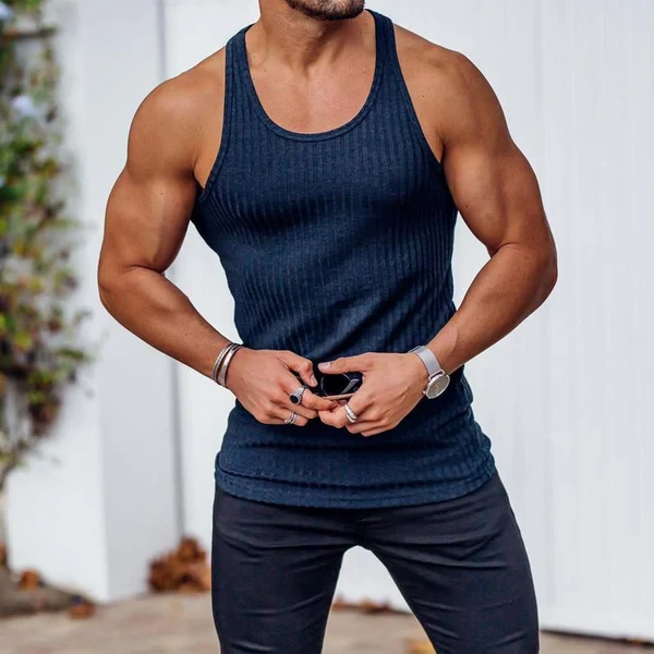 Men's Knitted Vertical Stripe Athletic Fit Racerback Tank Top