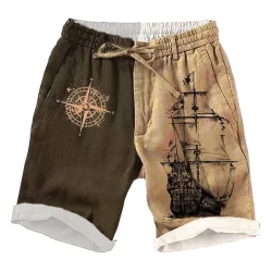 Men's Casual Vintage Ship Print Drawstring Shorts