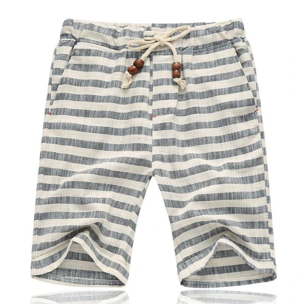 Casual cotton linen stripe elastic waist straight shorts