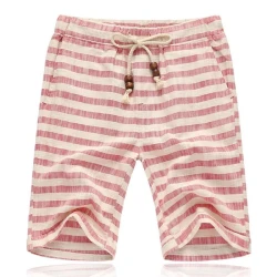 Casual cotton linen stripe elastic waist straight shorts