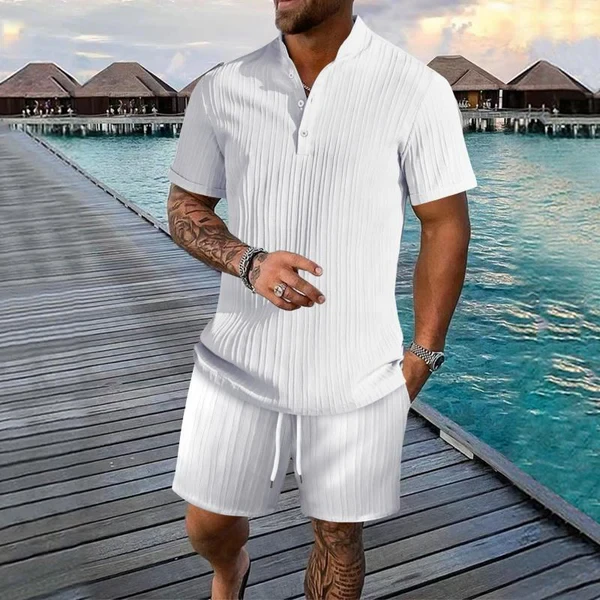 Stand Collar Short-Sleeved Shirt And Shorts Set