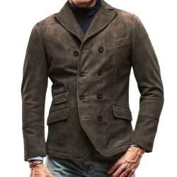 Distressed Suede Lapel Double-Breasted Blazer