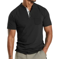 Solid Henley Collar Breast Pocket Short Sleeve T-Shirt