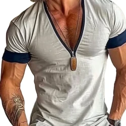 Cotton Blended Color Block V Neck Short Sleeve T-Shirt