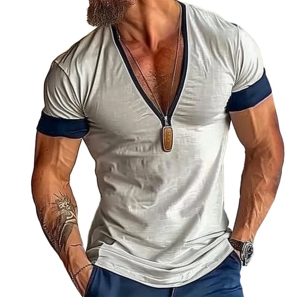 Cotton Blended Color Block V Neck Short Sleeve T-Shirt