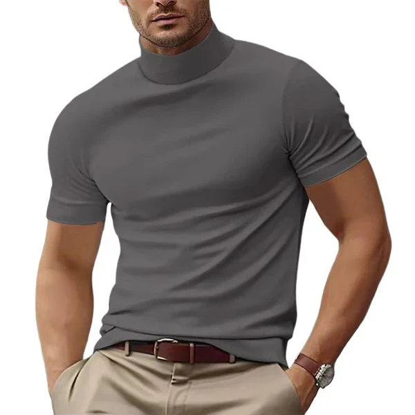 Solid Color Half Turtle Neck Slim Fit Short Sleeve T-Shirt