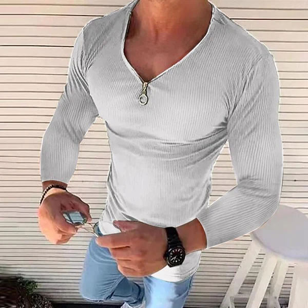 Men's V Neck Long Sleeve Solid Color T-Shirt