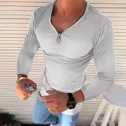 Men's V Neck Long Sleeve Solid Color T-Shirt