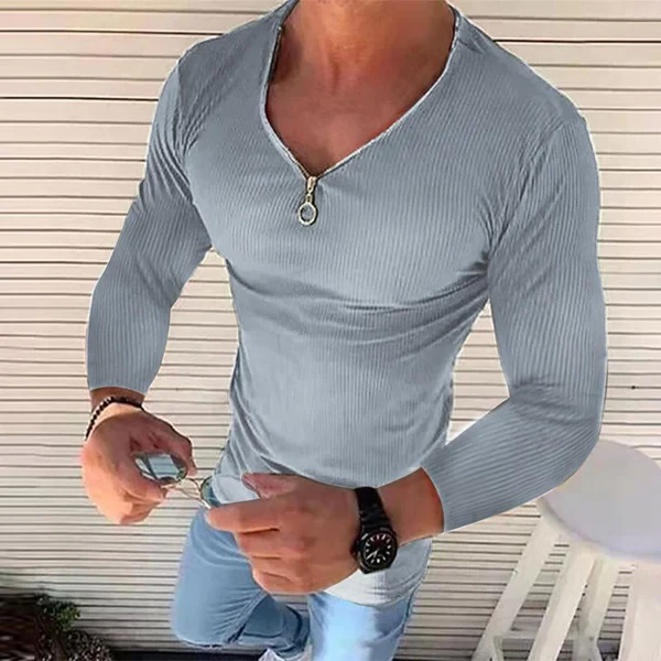 Men's V Neck Long Sleeve Solid Color T-Shirt