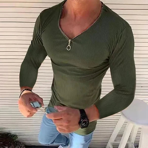 Men's V Neck Long Sleeve Solid Color T-Shirt