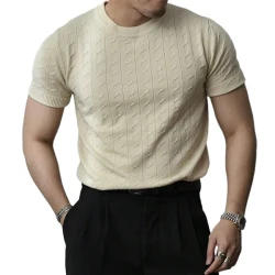 Solid Color Knit Cable Round Neck Short Sleeve T-Shirt