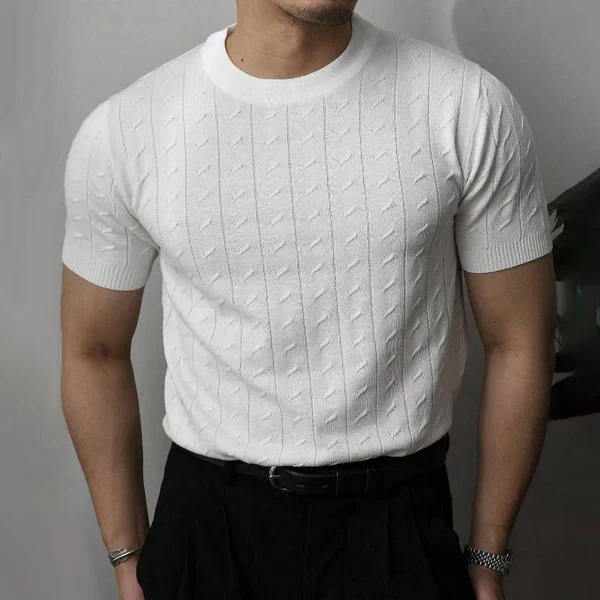 Solid Color Knit Cable Round Neck Short Sleeve T-Shirt