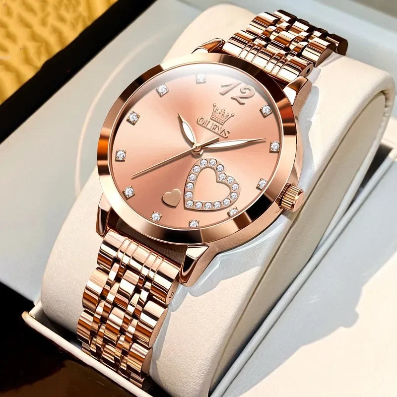 OLEVS Women's Heart Diamond Quartz Watch, Rose Gold Stainless Steel Luxury Wristwatch